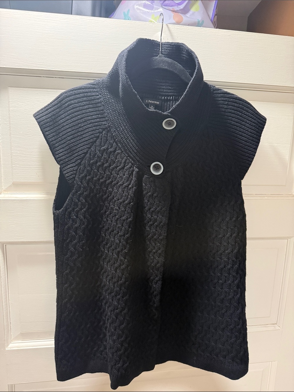 J. Peterman Black Cable-Knit Sleeveless Sweater Vest with Funnel Collar